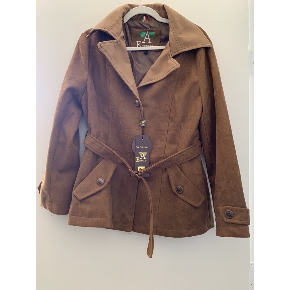 NWT Emporio Collezione Brown Italian Faux Suede Belted Jacket Large